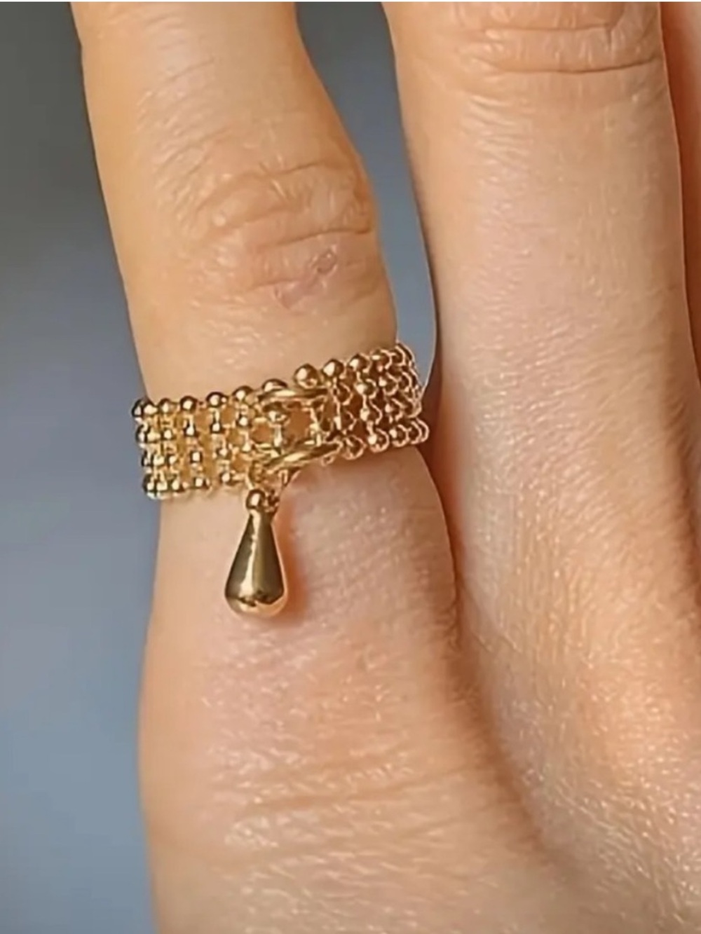 Gold-Tone Beaded Chain Ring with Teardrop End - Women Jewelry